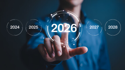 Futuristic Digital Interface Timeline Showcasing Years 2024 2025 2026 2027 2028 for Innovation Progress and Technology Trends
