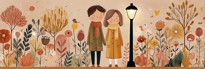 A couple walks side by side through a peaceful park in autumn, surrounded by vibrant fall colors and a serene atmosphere. Their connection is highlighted by the beauty of the season, banner