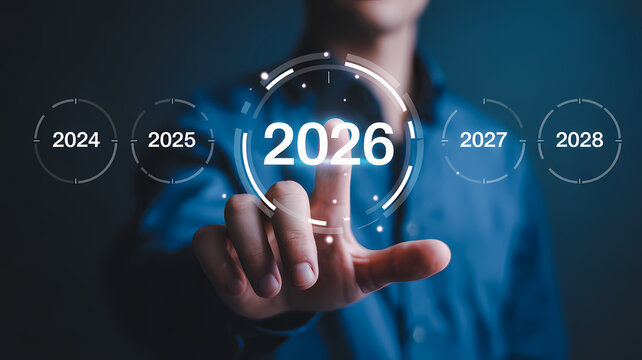 Futuristic Digital Interface Timeline Showcasing Years 2024 2025 2026 2027 2028 for Innovation Progress and Technology Trends