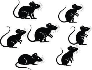 Set of black mouse silhouettes in various poses, rat vector illustration, rodent animal icon design, wildlife clipart for graphics