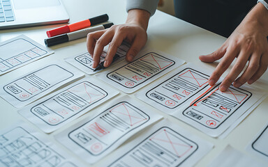 Close up of hands sketching and planning mobile app user interface wireframes on a white table with markers