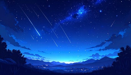 Obraz premium A serene night sky scene with shooting stars above silhouetted mountains and trees.