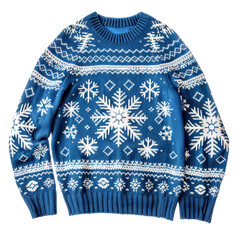 Blue knitted sweater with white snowflakes and geometric patterns, featuring a classic winter design perfect for the holiday or cold season.