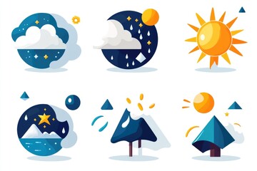 Colorful seasonal weather icons with sun, moon, clouds, and snowflakes