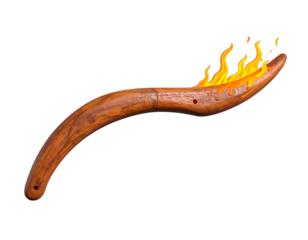 Ancient wooden torch with burning bright orange and yellow flames isolated on a pure black background.