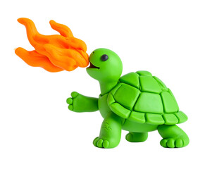 Obraz premium Handmade Green Clay Turtle Figurine Emitting Orange Fire, Isolated on a Black Background