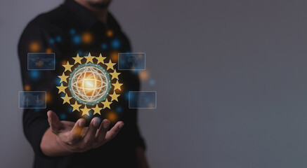 Young man hand holding to Interconnect, Interconnected Concept; People connect via wireless internet in a world of digital technology and communications that connect freely around the world