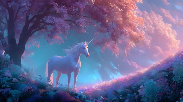 Dreamy unicorn standing on rainbow hill surrounded by glowing flowers and floating butterflies