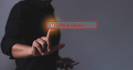 Young man with smartphone hand touching Shut Down button press power OFF