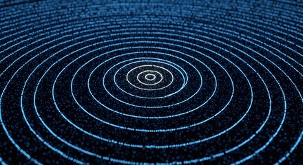 Naklejka premium Abstract blue concentric circles and glowing particles on a dark background