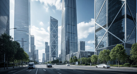Obraz premium Modern boulevard with futuristic skyscrapers, clean streets, and glass buildings under bright daylight, captured in cinematic ultra-realistic style.
