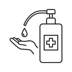 Hand sanitizer dispenser line icon. Vector graphic of washing hands with antiseptic soap or alcohol gel for hygiene and virus prevention.
