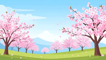 A serene landscape featuring blooming cherry blossom trees in a green field, with mountains and a blue sky with clouds in the background.