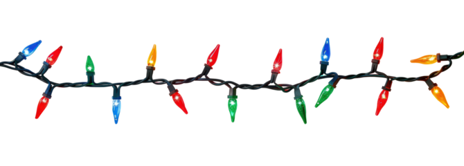A festive strand of Christmas lights with multicolored bulbs—yellow, green, blue, and red—hanging on a twisted red and green cord, set against a transparent background cut-out, clipping path