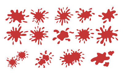 Set of blood splashes and spots. Halloween concept cliparts. Red paint dripping. Vector elements in a flat style isolated on a white background.