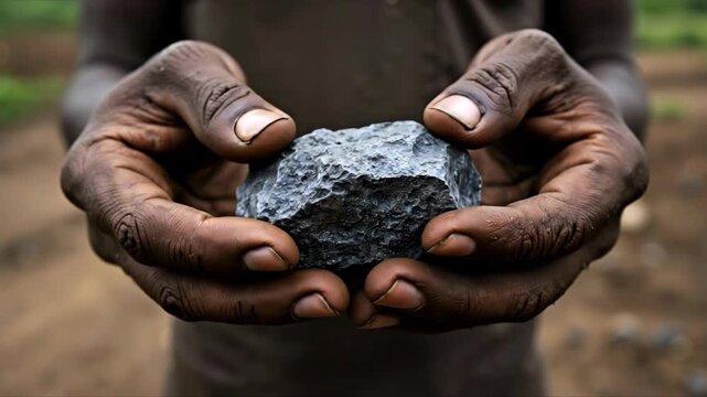 Miner's weathered hands holding piece of raw coltan ore. powerful close-up banner. natural resources, manual labor, and poverty concept