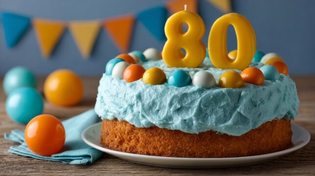 Colorful birthday cake with 80 candles and decorations celebrating an eighth decade milestone at a festive party
