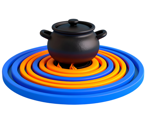 Stylized 3D render of a black cooking pot with lid on a vibrant concentric ring burner with orange flames.