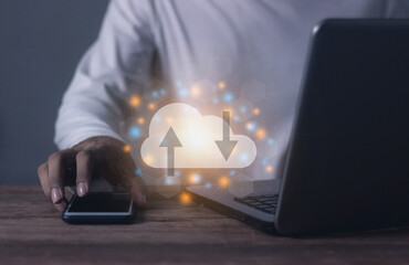Young man with computer notebook and smartphone mobile hand touching to cloud computing diagram, Data storage, Cloud technology, Cloud Computing Storage