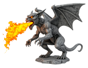Stone Gargoyle Statue Breathing Fire with Glowing Eyes Against a Black Background
