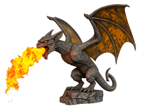 Fire-breathing dragon gargoyle statue on rock, mythical fantasy creature spewing orange flames against black background