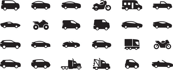 vehicle icons set, car silhouette graphics, transport symbol pack, automotive design vector, simple car icons, black vehicle designs, transport equipment icons, modern automobile graphics, travel car 