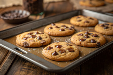 Freshly baked cookies on metal tray with melting chocolate chips, sweet homemade lifestyle, cozy dessert snack and bakery comfort