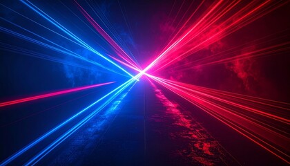 Intersecting red and blue laser beams illuminate a dark space, creating a dynamic light show.