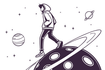 Young person walking on a planet in outer space.