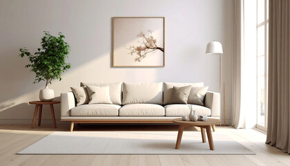 Comfortable beige sofa with decorative pillows in a sunlit living room.