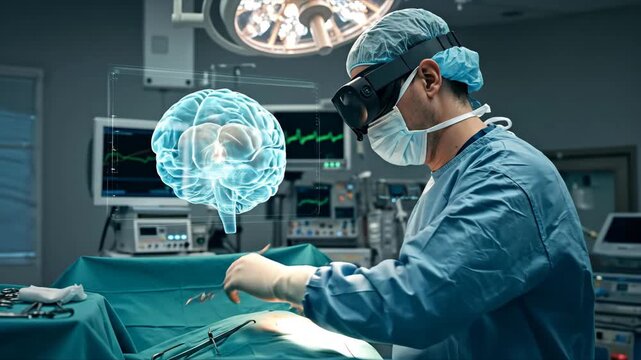 Surgeon using augmented reality with brain hologram during medical procedure in operating room. Futuristic banner. Innovation in healthcare and advanced technology concept - Powered by Adobe
