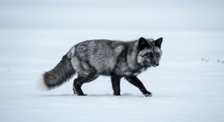 Obraz premium Silver Fox on Snow: A majestic silver fox strides purposefully across a pristine snow-covered landscape, its fur a stunning contrast against the wintry expanse.