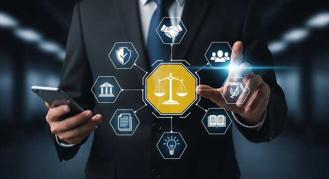 Businessman using a digital interface to access legal services and consultation