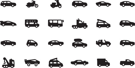 vehicle icons, car silhouettes, transport vector symbols, taxi cab icons, truck and bus icons, train pictograms, motorcycle symbols, ship and boat icons, airplane transport graphics, automotive outlin