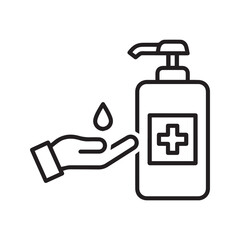 Hand sanitizer dispenser line icon. Vector graphic of washing hands with antiseptic soap or alcohol gel for hygiene and virus prevention.
