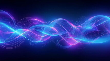 Abstract visualization of glowing blue and purple energy waves flowing in a dark background, representing sound or data transmission.