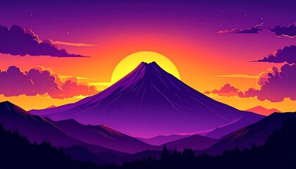 Fototapeta premium A vibrant sunset illuminates a majestic mountain peak, painting the sky with warm hues.