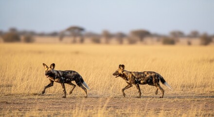 Two African wild dogs trot across a dry, grassy plain under a pale sky