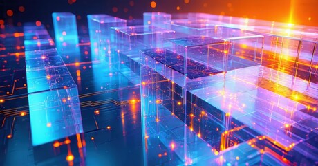 Obraz premium Abstract digital landscape. Glowing cubes, lines create futuristic network. Vibrant colors, orange, blue dominate scene. Complex data visualization.