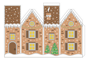 Paper Christmas house, game for kids. Cut and glue. Education for kids, papercraft, preschool worksheet activity. Vector illustration for Christmas decor. 
