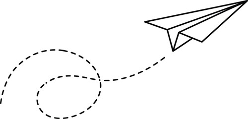 Simple black and white paper airplane with a dotted flight path on transparent background