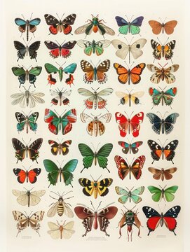 Vintage entomology chart showing colorful butterflies and exotic insects