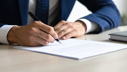 Man in Blue Suit Writing on Document with Pen at Desk in Bright Overhead Lighting in Office Environment