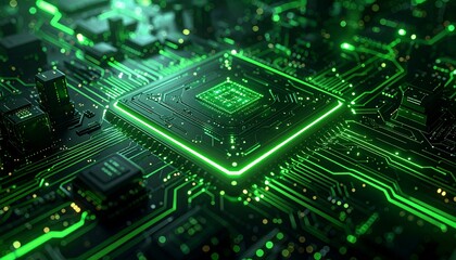 Obraz premium Close-up of a computer chip with glowing green circuitry, showcasing intricate design and technological complexity.