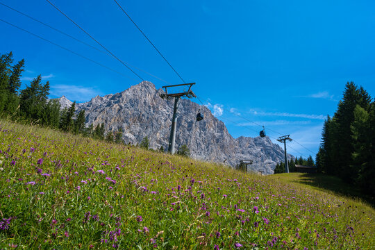 Zugspitze mit Seilbahn und Wiese im Vordergrund an einem sonnigen Sommertag