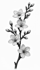 Fototapeta premium Delicate grayscale illustration of blossoming tree branch featuring several flowers, buds. Elegant botanical art fine details, soft shading, intricate line work creating realistic yet simple