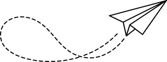 Simple black and white illustration of a paper airplane in flight on transparent background