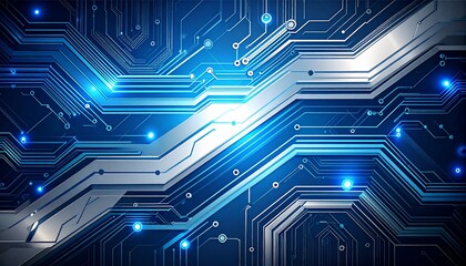 Fototapeta premium Abstract digital illustration featuring interconnected circuit board pathways with glowing blue light accents, suggesting technology and connectivity.