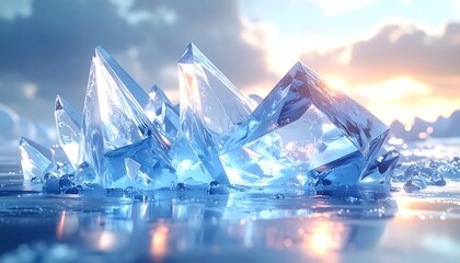 Frozen crystals on a glistening icy surface at sunrise.