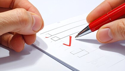 Hands Holding Red Pen About to Mark Dotted Sheet White Surface Close Up